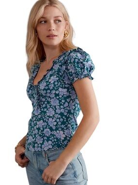 Maeve Anthropologie ruffle Henley teal and blue floral v-neck short sleeve top